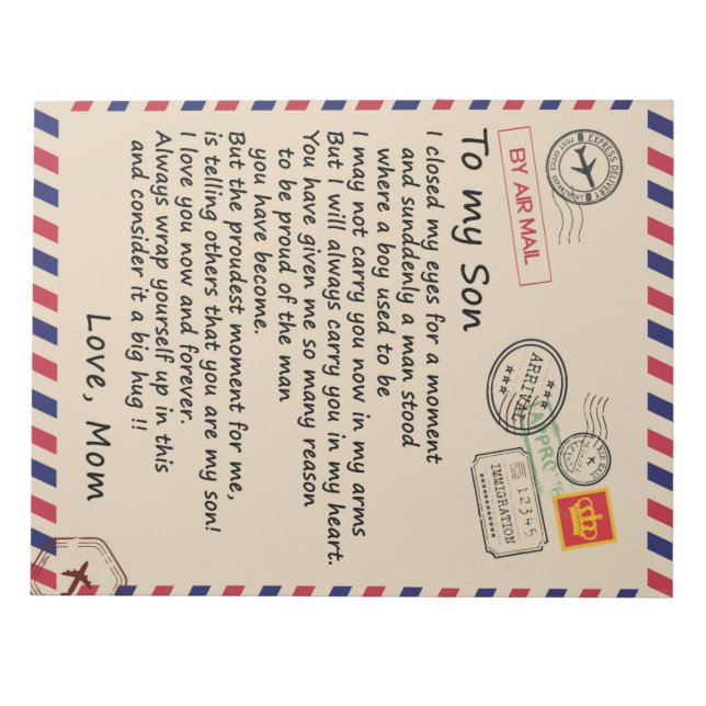 Personalised Letter To My Son From Mum, Air Mail Notepad (Front)