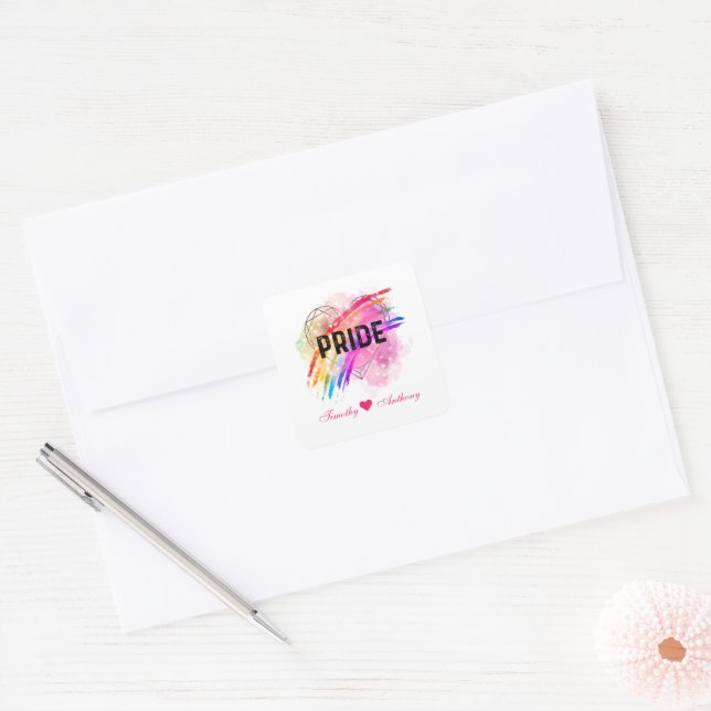 Personalised LGBTQ Pride Rainbow Colour Heart Square Sticker (Envelope)