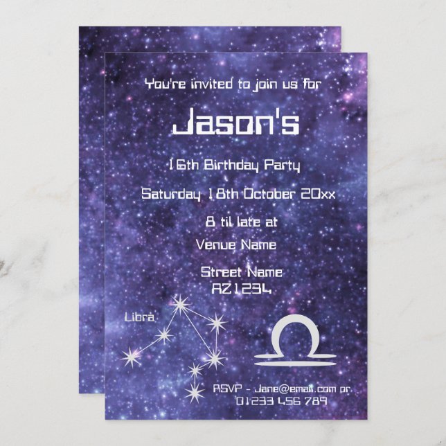 Personalised Libra Zodiac Galaxy Party Invitation (Front/Back)