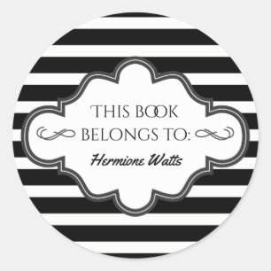 Personalised Library Bookplate Black Stripes Classic Round Sticker