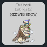 Personalised Library Cute Owl Bookplate Square Sticker<br><div class="desc">Cute bookplate label stickers for personal library identification- 'This Book Belongs to' in elegant lettering with custom name underneath. At the bottom is a cute owl cartoon trying to carry a load of books. Click Customise option to change text colours, size, and font styles. Nice gift for book lovers or...</div>
