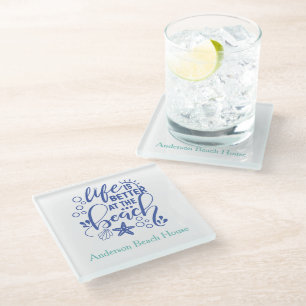 Personalised Life is Better at Beach Blue Green Glass Coaster
