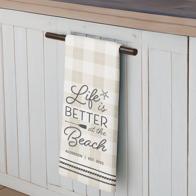 Personalised Life Is Better at the Beach Plaid Tea Towel (Creator Uploaded)