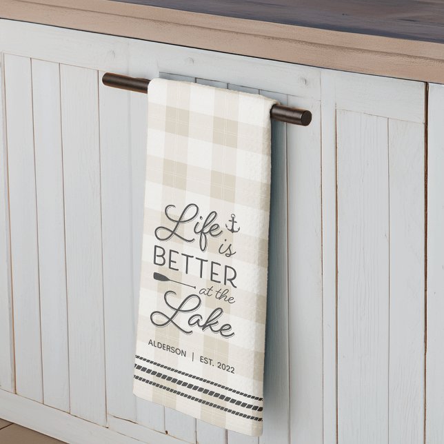 Personalised Life Is Better at the Lake Plaid Tea Towel (Creator Uploaded)