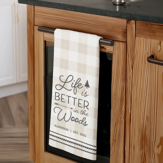 Personalised Life Is Better in the Woods Plaid Tea Towel (Creator Uploaded)