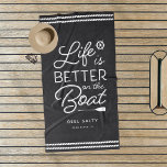 Personalised Life Is Better On The Boat Beach Towel<br><div class="desc">Upgrade your boat gear with this cute personalised beach towel featuring the phrase "life is better on the boat" in white lettering accented with a ship's wheel and an oar. Personalise with your boat name and ship's registry beneath.</div>