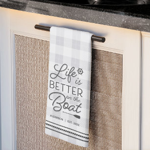 Personalised Life Is Better on the Boat Plaid Tea Towel