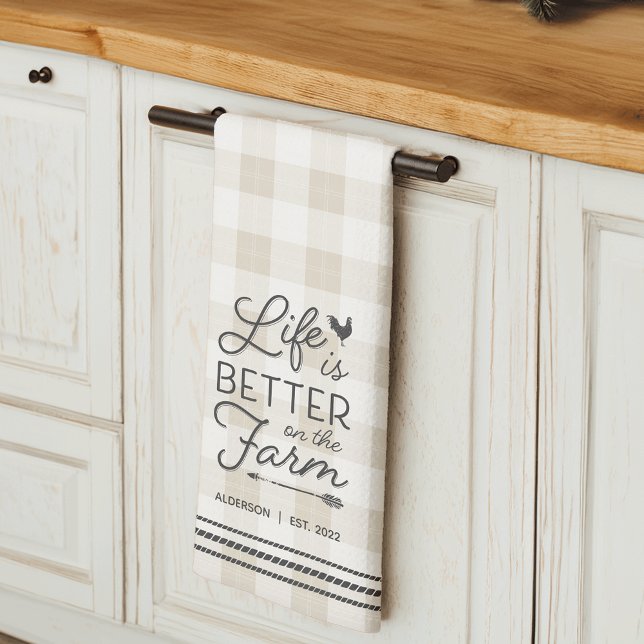 Personalised Life Is Better on the Farm Plaid Tea Towel (Creator Uploaded)
