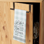 Personalised Life Is Better on the River Plaid Tea Towel<br><div class="desc">Celebrate life on the river with this cute personalised kitchen towel featuring your family name and/or year established beneath "life is better on the river" adorned with oar and anchor illustrations on a tonal plaid background. Rope detailing completes the design.</div>