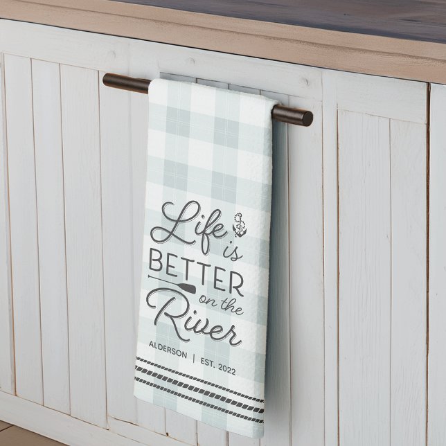 Personalised Life Is Better on the River Plaid Tea Towel (Creator Uploaded)
