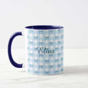 Personalised Light Blue Bows & Gingham Coquette Mug