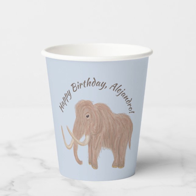 Personalised Light Blue, Brown Woolly Mammoth Paper Cups (Front)