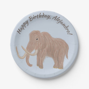 Personalised Light Blue, Brown Woolly Mammoth Paper Plate