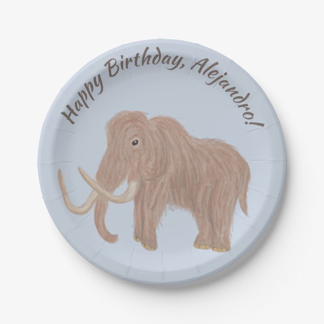 Personalised Light Blue, Brown Woolly Mammoth Paper Plate (Front)