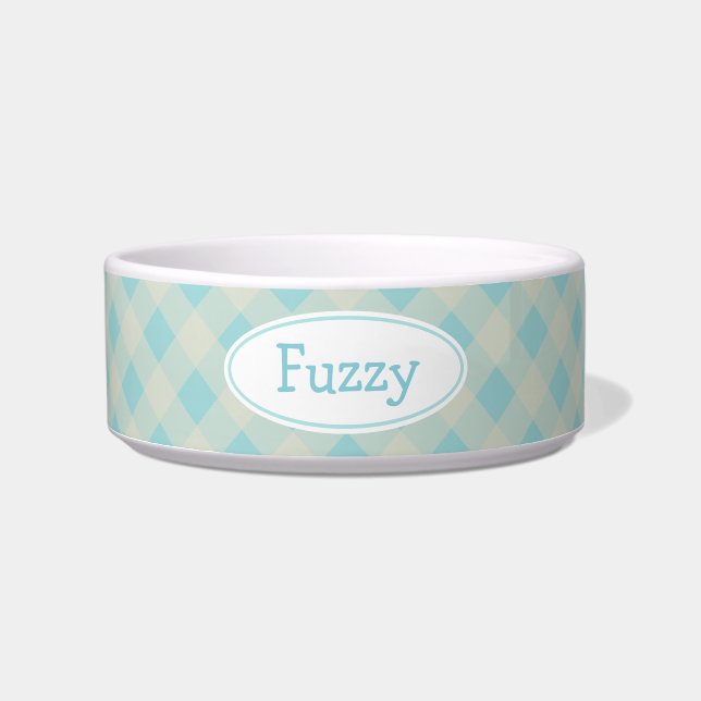 Personalised Light Blue Gingham Pet Bowl (Front)