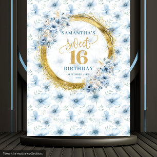 Personalised Light Blue Sweet Sixteen Gold Glitter Tapestry