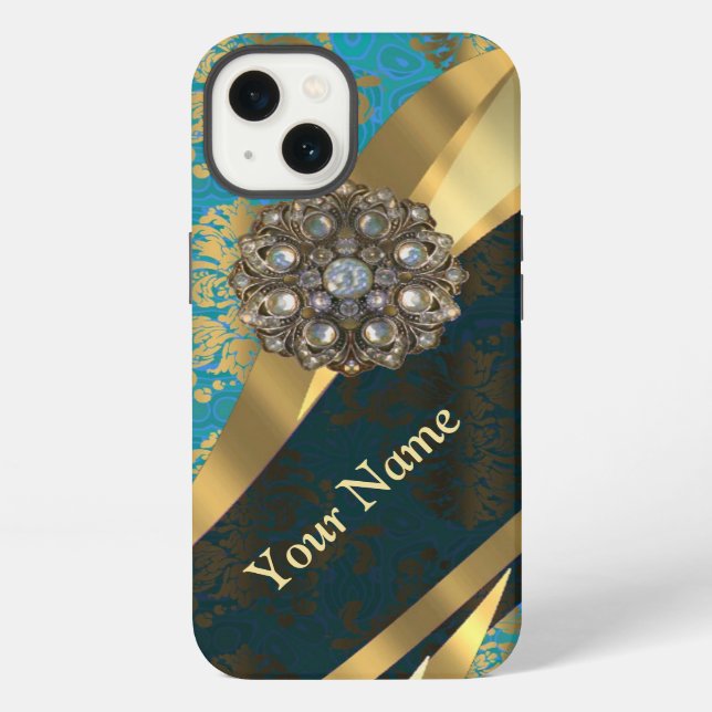 Personalised light blue vintage damask pattern iPhone case (Back)