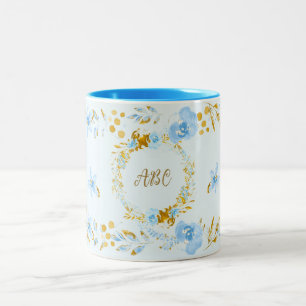 Personalised Light Blue Watercolor Floral Gold  Two-Tone Coffee Mug