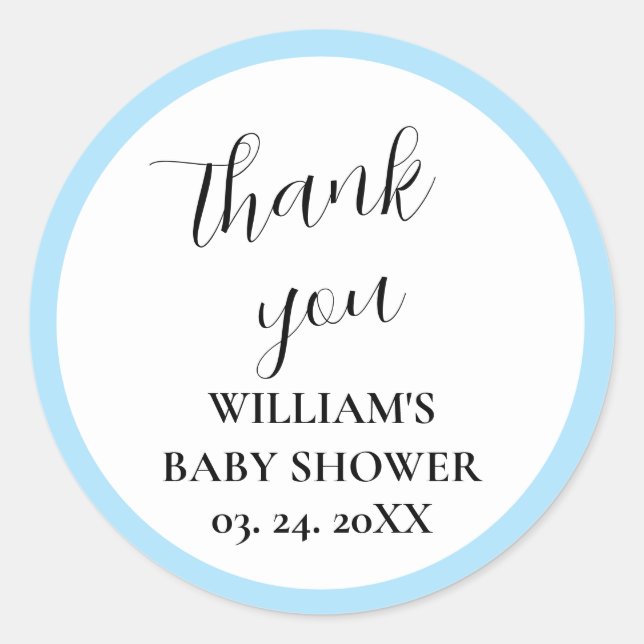 Personalised Light Blue & White Baby Shower  Classic Round Sticker (Front)