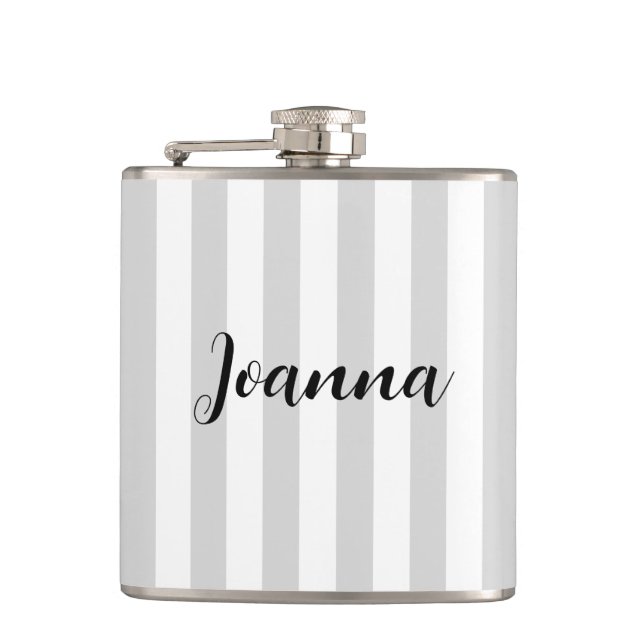 Personalised Light Grey and White Stripes  Hip Flask (Front)