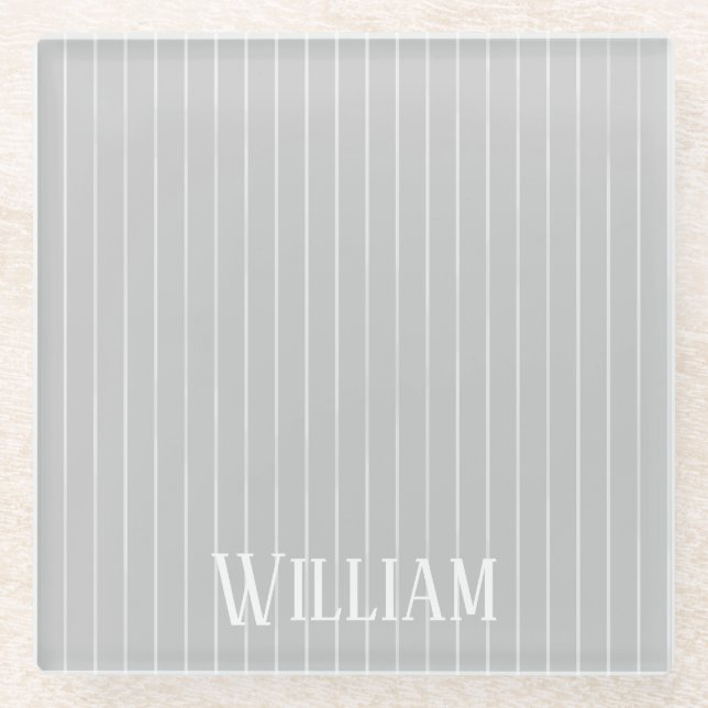 Personalised light grey pinstripes glass coaster (Front)