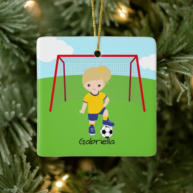 Personalised Light Haired Soccer Girl Christmas Ceramic Ornament (Tree)