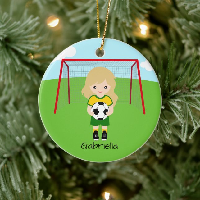 Personalised Light Haired Soccer Girl Christmas Ceramic Ornament (Tree)