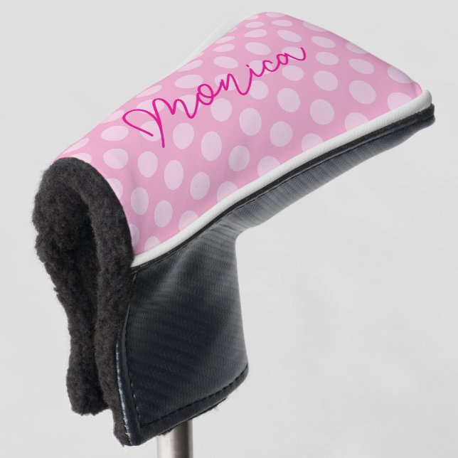 Personalised Light Pink Polka Dot Golf Head Cover (3/4 Front)
