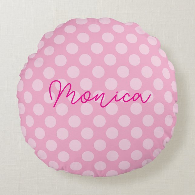 Personalised Light Pink Polka Dot Round Cushion (Front)