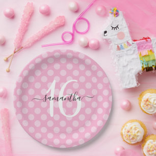 Personalised Light Pink Polka Dot Sweet 16 Paper Plate