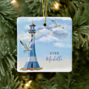 Personalised Lighthouse Nautical Beach Christmas Ceramic Ornament
