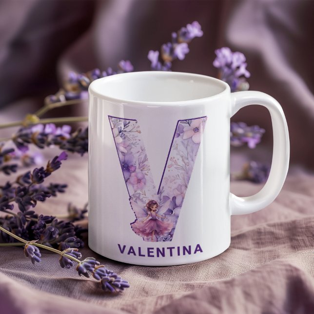 Personalised Lilac Fairy Monogram V Coffee Mug (Personalized Lilac Fairy Monogram V Coffee Mug)