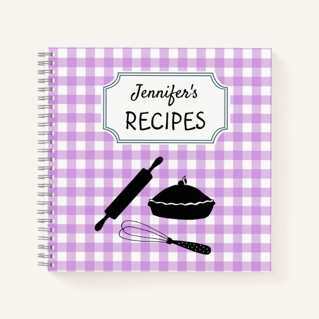 Personalised Lilac Gingham Plaid Pattern Recipe   Notebook (Front)