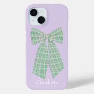 Personalised Lilac Gingham Romantic Coquette Bow iPhone 15 Case