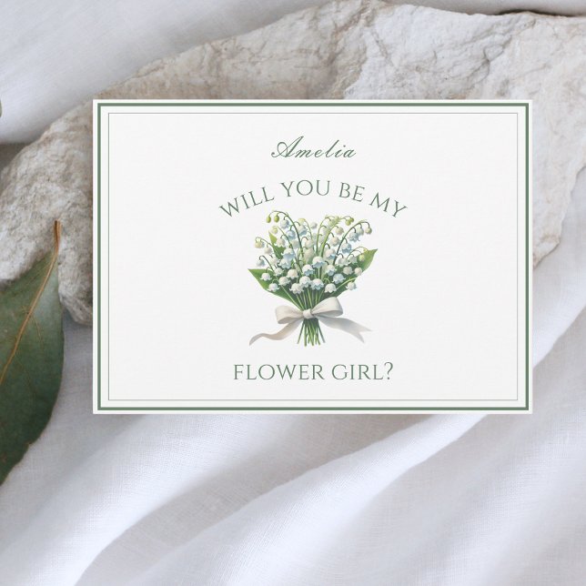 Personalised Lily of the Valley Bow Flower Girl Card (Personalized flower girl card with a lily of the valley design, perfect for chic garden wedding.)