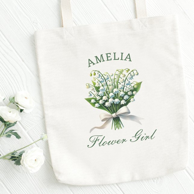 Personalised Lily of the Valley Bow Flower Girl Tote Bag (Personalize this elegant flower girl tote with lily of the valley blooms—perfect for your big day!)