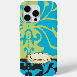 Personalised Lime Aqua Gold Damask iPhone 15 Pro Max Case