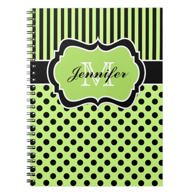 Personalised Lime Black White Striped Polka Dots Notebook (Front)