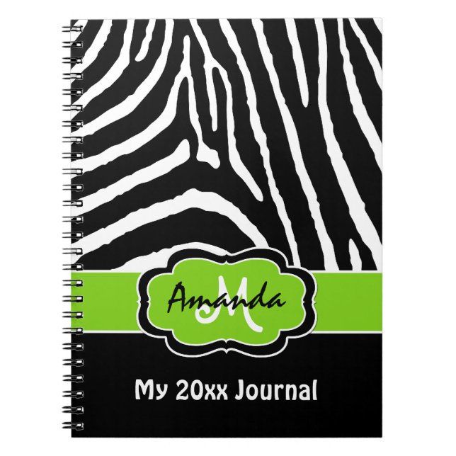 Personalised Lime Black White Zebra Stripe Journal (Front)