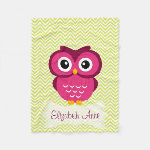 Personalised Lime Chevron Pink Owl Fleece Blanket