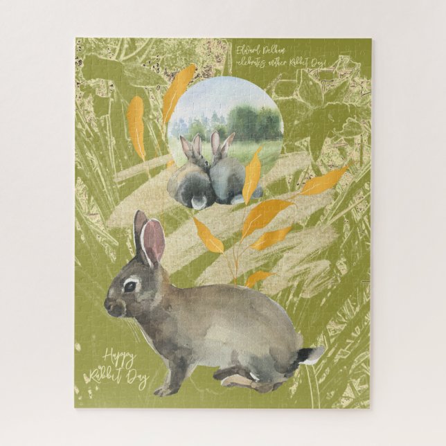  Personalised Lime Collage Watercolor Rabbit Jigsaw Puzzle (Vertical)