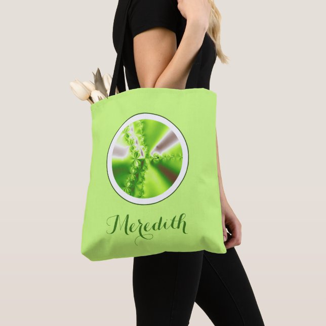 Personalised Lime Green Fractal With Name Tote Bag (Close Up)