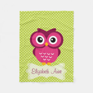 Personalised Lime Polka Dot Pink Owl Fleece Blanket