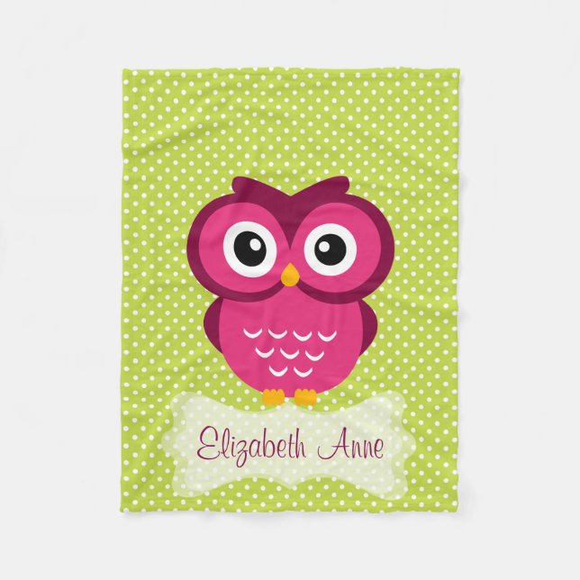 Personalised Lime Polka Dot Pink Owl Fleece Blanket (Front)