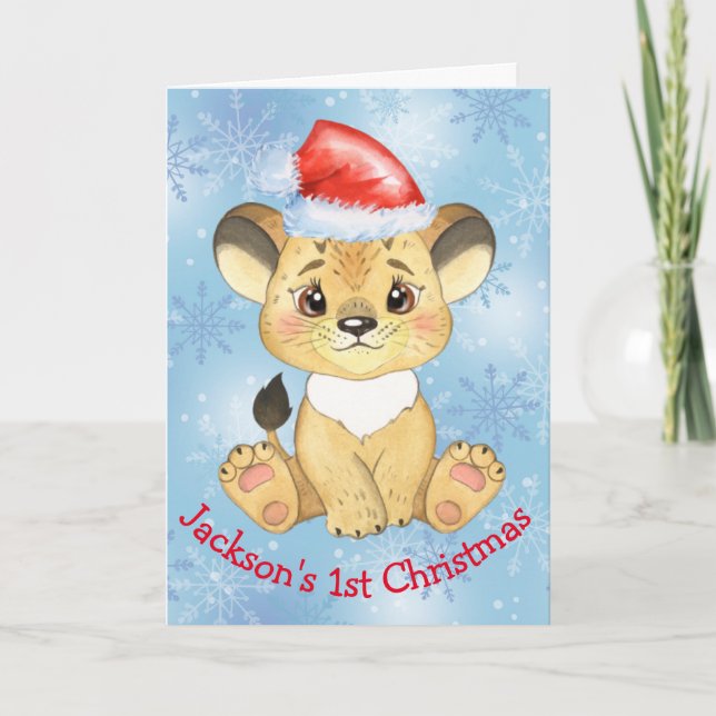 Personalised Lion 1st Christmas Baby Boy Blue Card (Front)