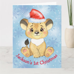 Personalised Lion 1st Christmas Baby Boy Blue Card