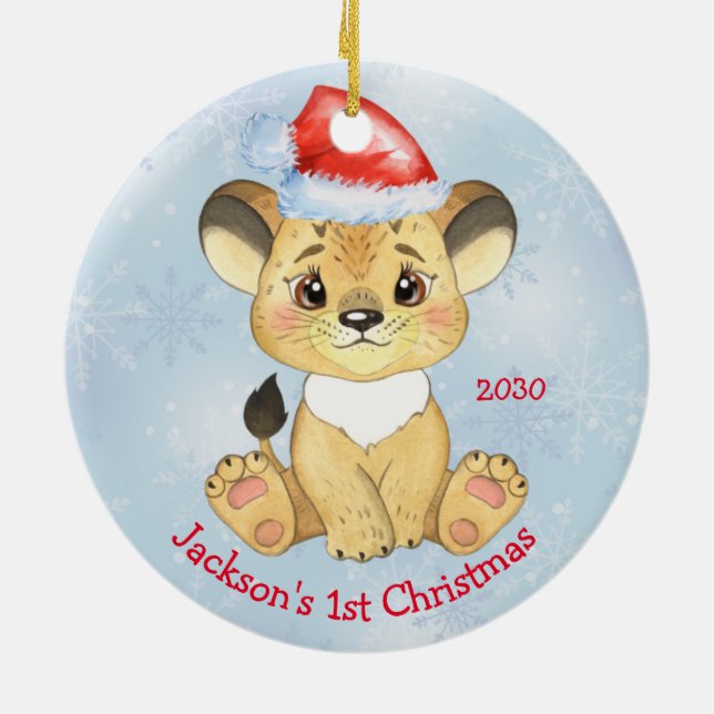 Personalised Lion 1st Christmas Baby Boy Blue Ceramic Ornament (Back)