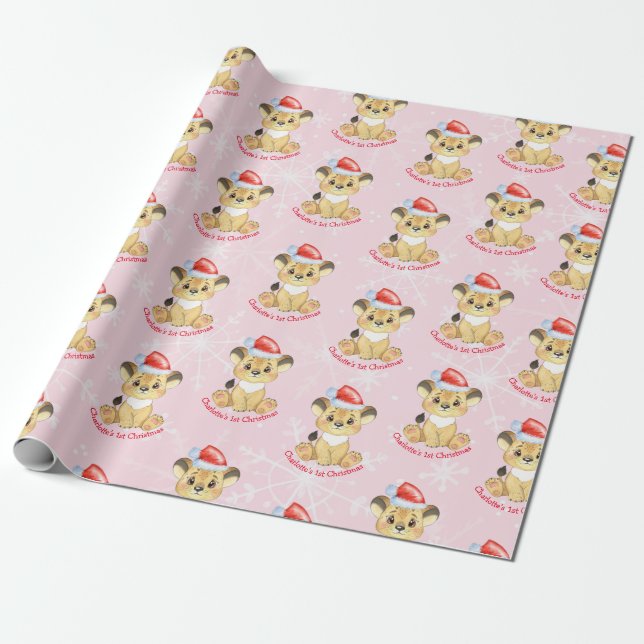 Personalised Lion 1st Christmas Baby Girl Pink Wrapping Paper (Unrolled)