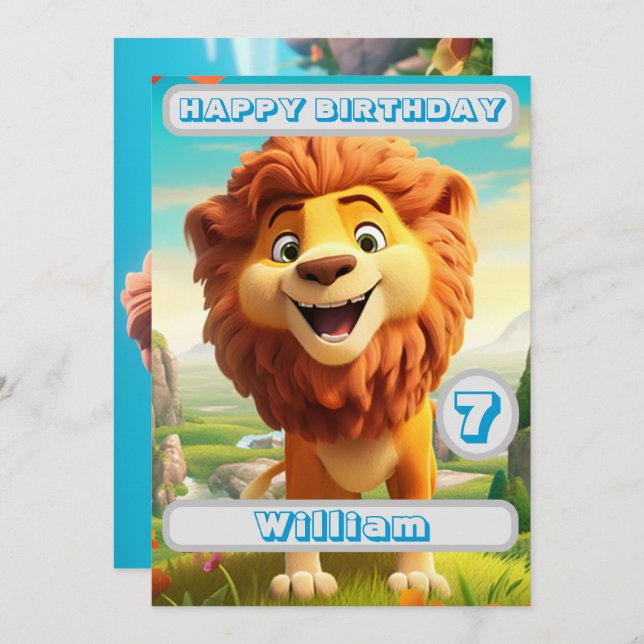 Personalised Lion Birthday Card Name Age Kids (Front/Back)