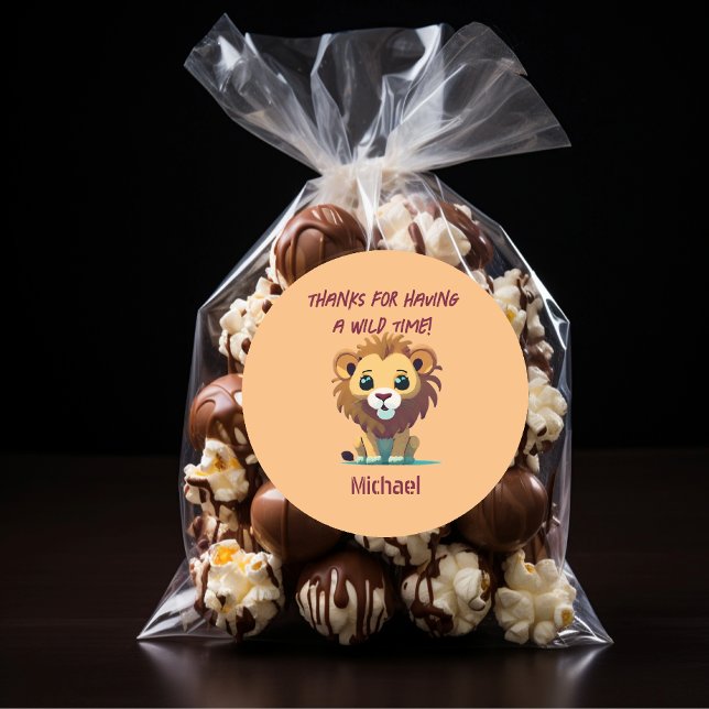 Personalised Lion Birthday Party Classic Round Sticker (Creator Uploaded)